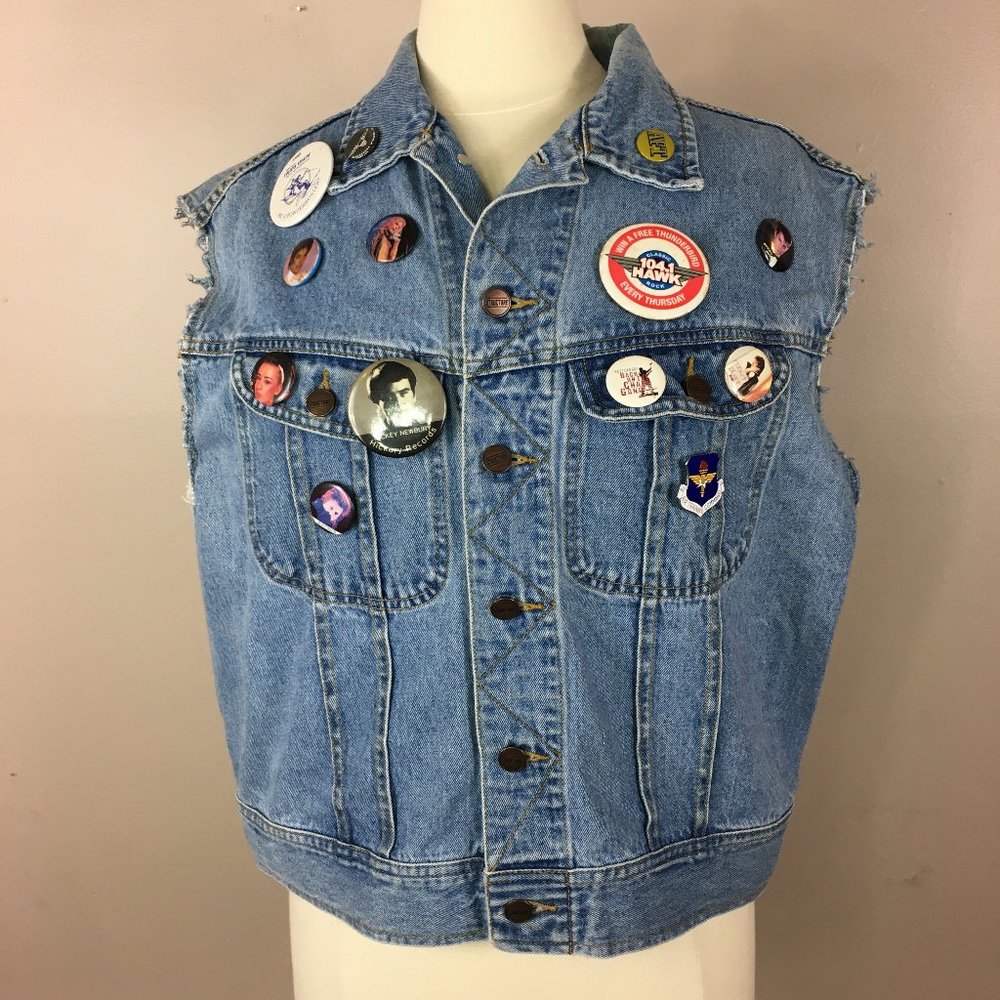 Vintage Denim Punk Vest Frayed Raw Cut Off Buttons